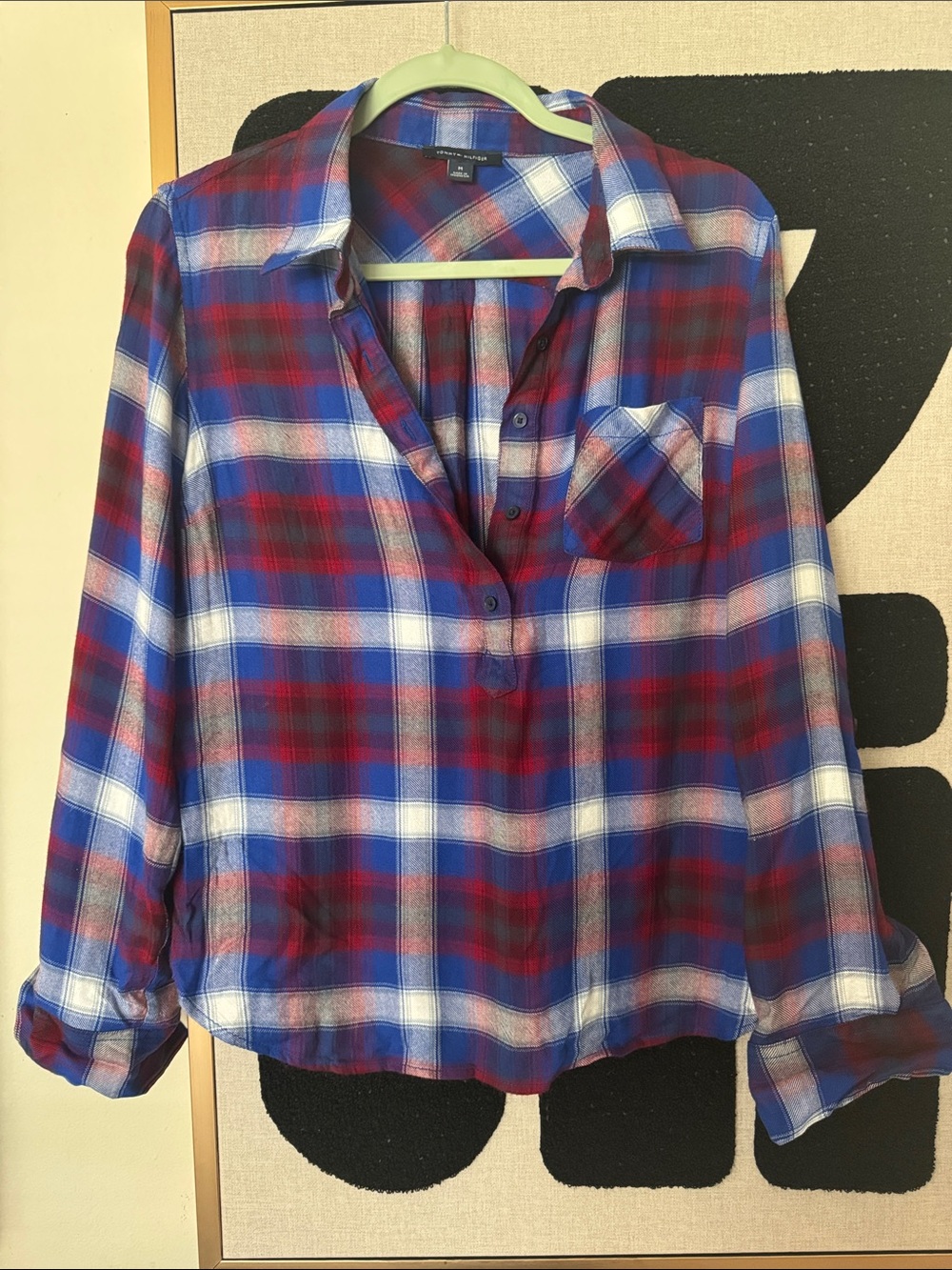 Tommy Hilfiger red white and blue Americana flannel Henley half button up blouse